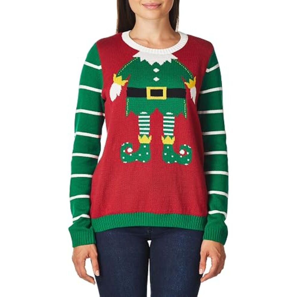 UGLY CHRISTMAS SWEATER Womens Sz XL Crew Neck Elf Theme Pullover Holiday Sweater